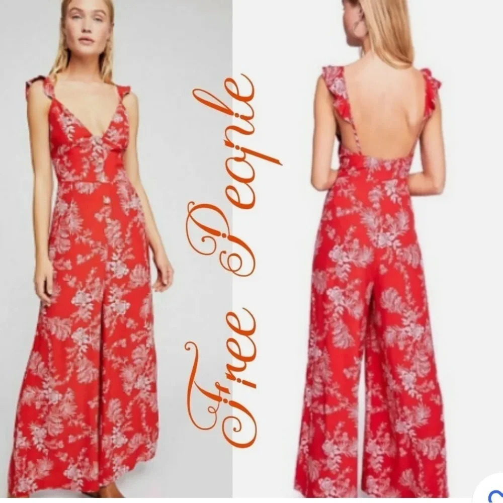 Free People 'Be The One" Coral and Lilac Print Jumpsuit Size 2